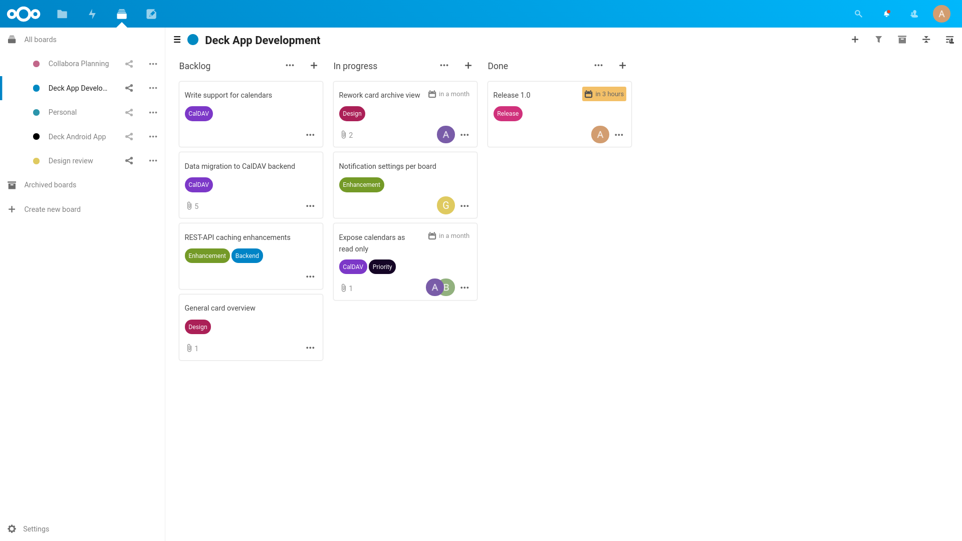 Capture d'écran de Nextcloud Deck