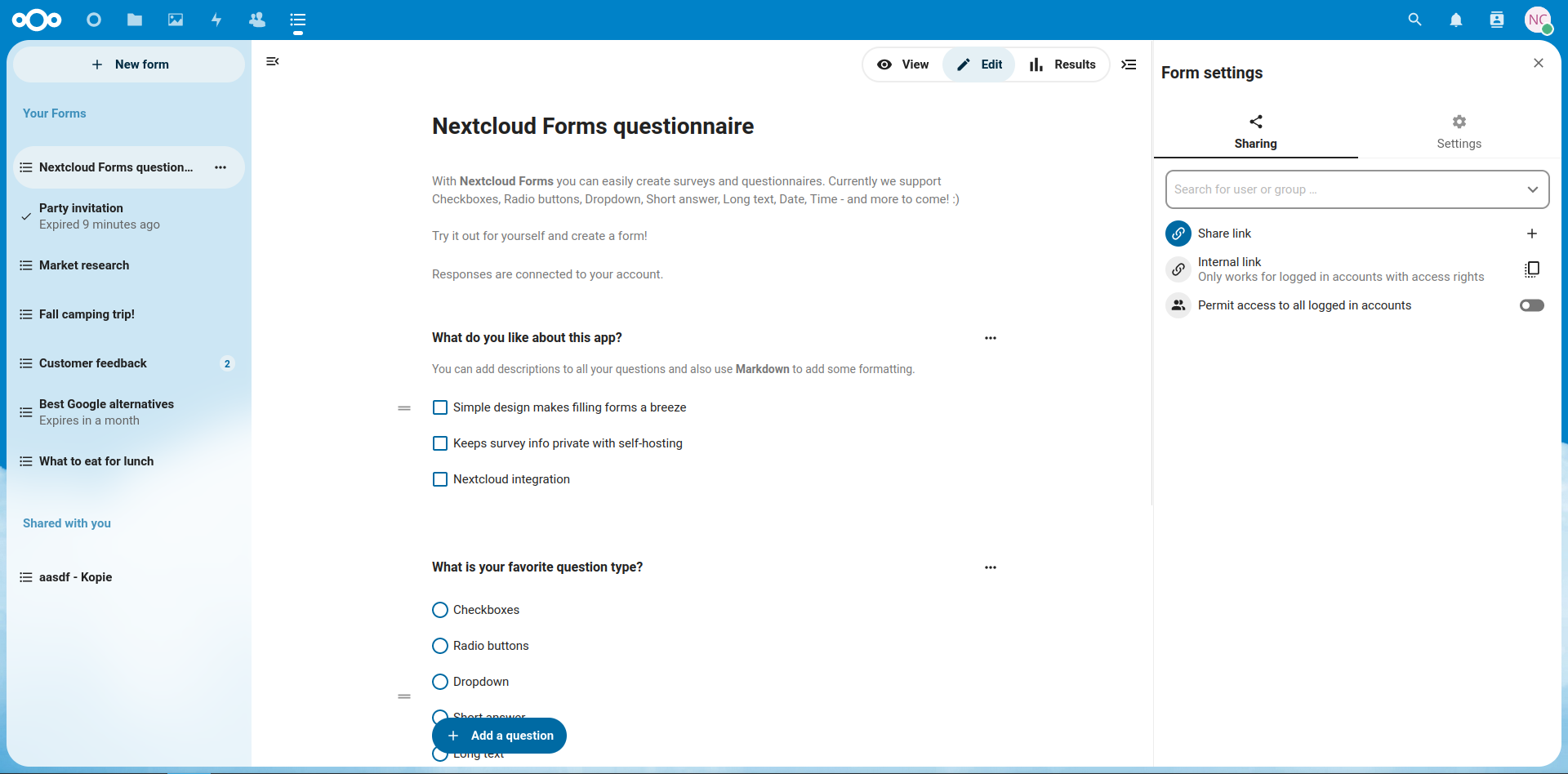 Capture d'écran de Nextcloud Forms