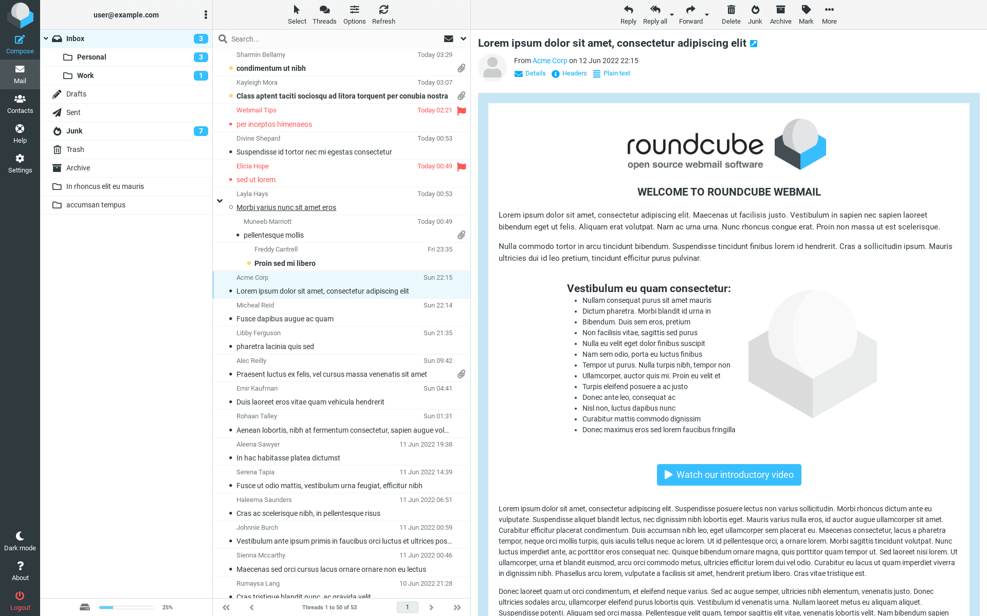Capture d'écran du webmail roundcube