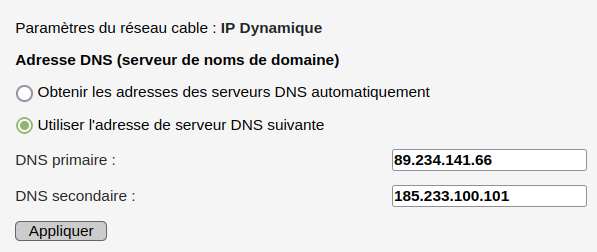 Capture d'écran du formulaire pour changer les résolveurs primaire et secondaire