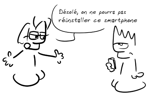 Bulle de bédé où une personne de l'atelier HOP annonce à un participant "Désolé, on ne pourra pas réinstaller ce smartphone"